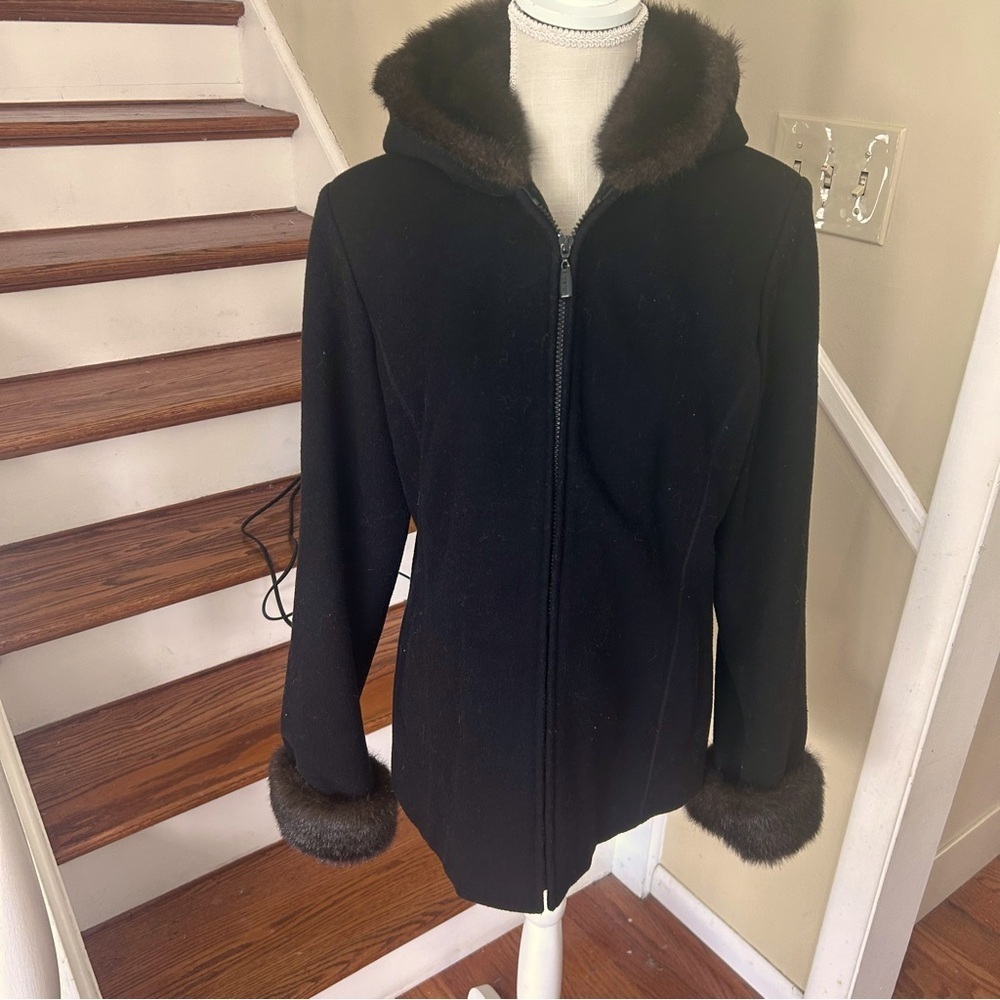 Braetan Black 100% Wool Coat Faux Fur Brown Hood Women’s Size M Cozy-core Chic
